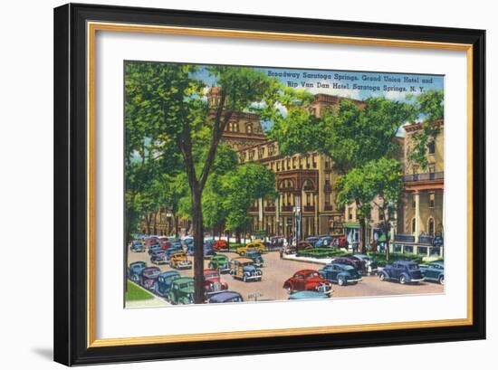 Saratoga Springs, New York - Grand Union and Rip Van Winkle Hotels View-Lantern Press-Framed Premium Giclee Print
