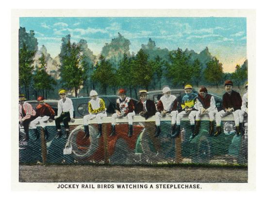 Saratoga Springs Ny View Of Jockey Rail Birds Watching A Steeplechase At Horse Track C 1914 Art Print By Lantern Press Art Com