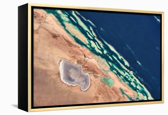 Satellite view of coastal area at Red Sea, Yanbu AL Bahr, Al Madinah Province, Saudi Arabia-null-Framed Premier Image Canvas