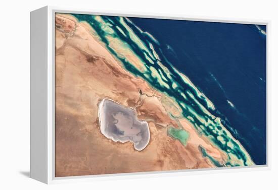 Satellite view of coastal area at Red Sea, Yanbu AL Bahr, Al Madinah Province, Saudi Arabia-null-Framed Premier Image Canvas