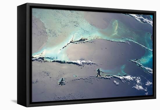 Satellite view of islands, Bahamas-null-Framed Premier Image Canvas