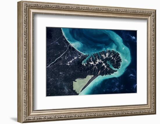 Satellite view of Lake Ellesmere and Pigeon Bay at Banks Peninsula near Christchurch, New Zealand-null-Framed Photographic Print