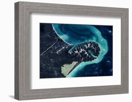 Satellite view of Lake Ellesmere and Pigeon Bay at Banks Peninsula near Christchurch, New Zealand-null-Framed Photographic Print