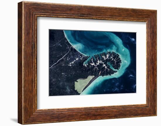 Satellite view of Lake Ellesmere and Pigeon Bay at Banks Peninsula near Christchurch, New Zealand-null-Framed Photographic Print