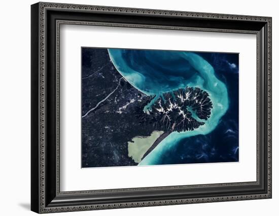 Satellite view of Lake Ellesmere and Pigeon Bay at Banks Peninsula near Christchurch, New Zealand-null-Framed Photographic Print