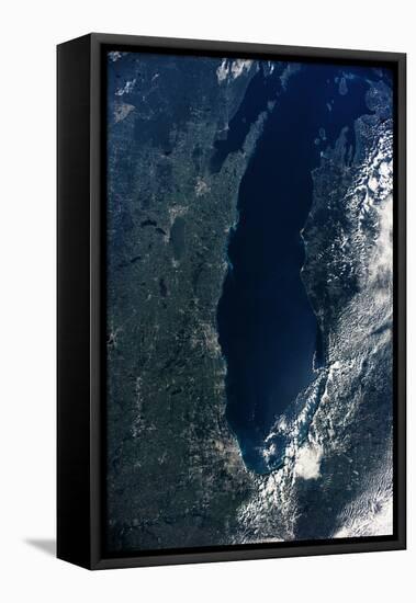 Satellite view of Lake Michigan with Chicago and Milwaukee, USA-null-Framed Premier Image Canvas