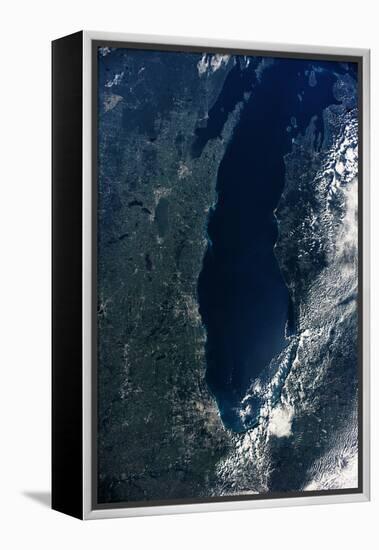 Satellite view of Lake Michigan with Chicago and Milwaukee, USA-null-Framed Premier Image Canvas