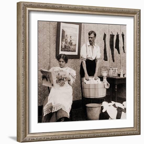 Satire of Feminism Showing an Extreme Role Reversal in a 1900's American Home-null-Framed Photo