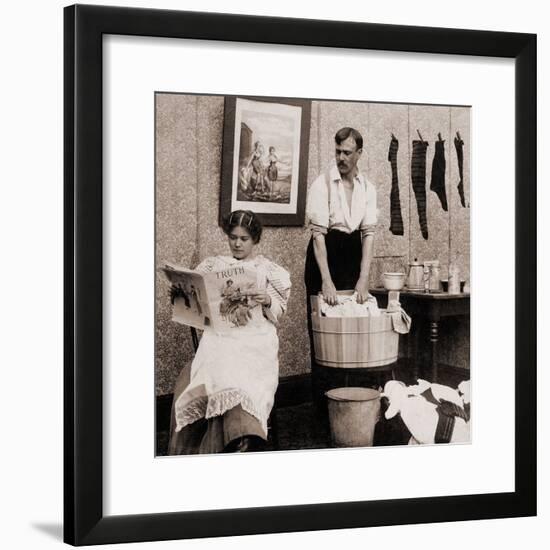 Satire of Feminism Showing an Extreme Role Reversal in a 1900's American Home-null-Framed Photo