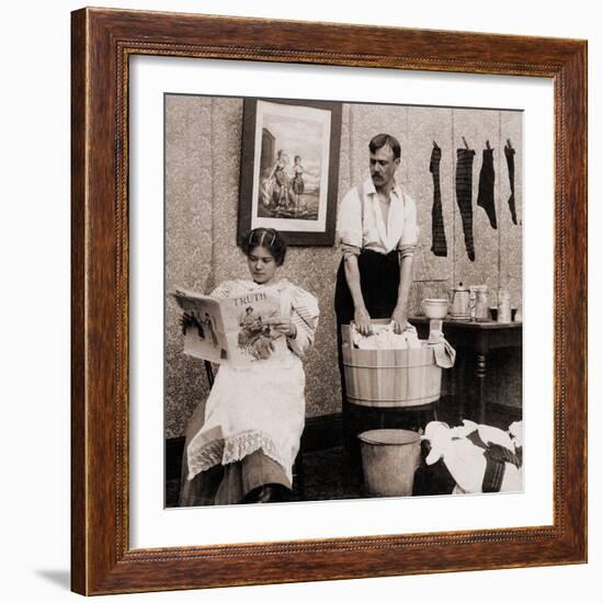 Satire of Feminism Showing an Extreme Role Reversal in a 1900's American Home-null-Framed Photo