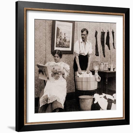 Satire of Feminism Showing an Extreme Role Reversal in a 1900's American Home-null-Framed Photo