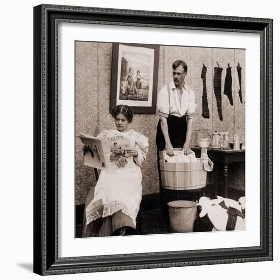 Satire of Feminism Showing an Extreme Role Reversal in a 1900's American Home-null-Framed Photo