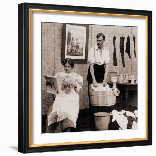 Satire of Feminism Showing an Extreme Role Reversal in a 1900's American Home-null-Framed Photo