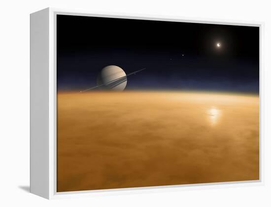 Saturn Above the Thick Atmosphere of its Moon Titan-Stocktrek Images-Framed Premier Image Canvas