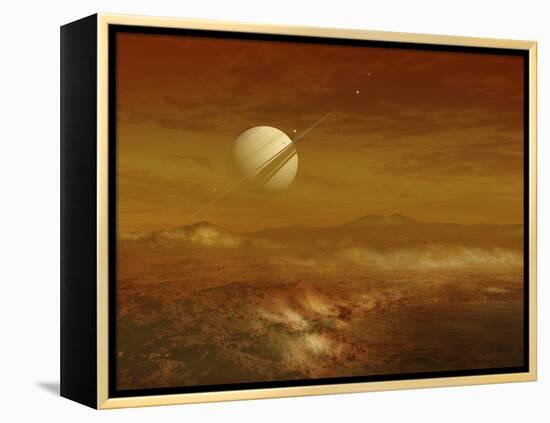 Saturn Above the Thick Atmosphere of its Moon Titan-Stocktrek Images-Framed Premier Image Canvas
