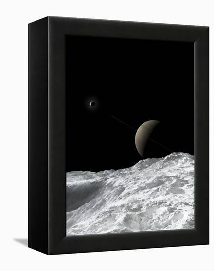 Saturn and Enceladus as Seen from the Moon Tethys-Stocktrek Images-Framed Premier Image Canvas