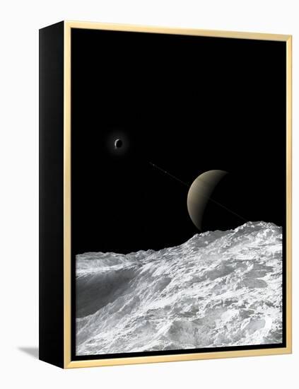 Saturn and Enceladus as Seen from the Moon Tethys-Stocktrek Images-Framed Premier Image Canvas