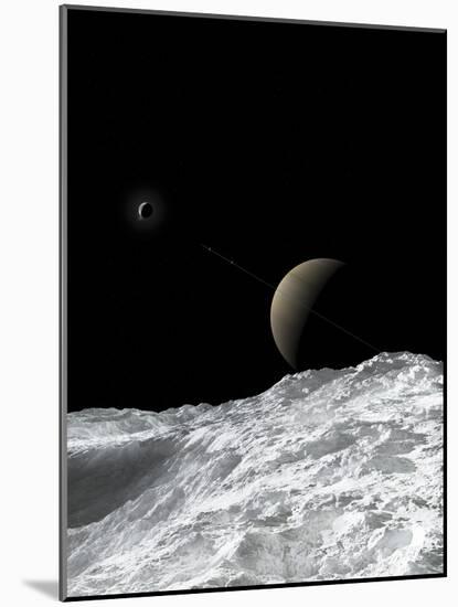 Saturn and Enceladus as Seen from the Moon Tethys-Stocktrek Images-Mounted Photographic Print