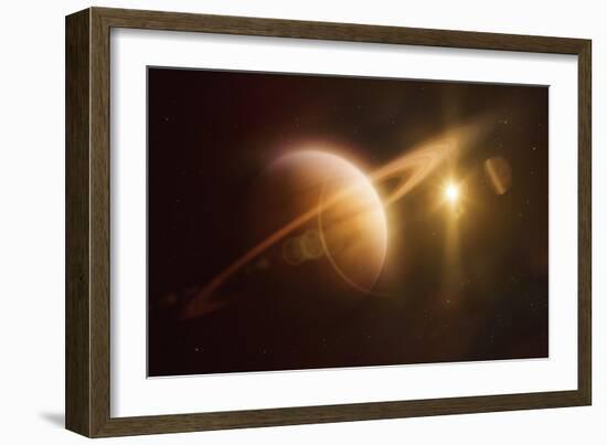 Saturn in Outer Space Against Sun and Star Field-null-Framed Premium Giclee Print