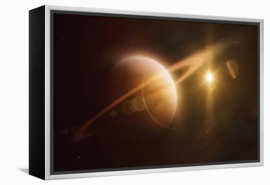 Saturn in Outer Space Against Sun and Star Field-null-Framed Stretched Canvas