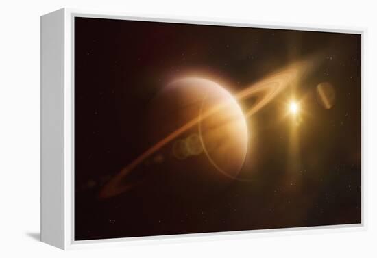 Saturn in Outer Space Against Sun and Star Field-null-Framed Stretched Canvas