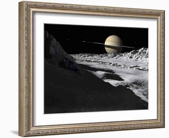 Saturn's Moon, Tethys, Is Split by an Enormous Valley Called Ithaca Chasma-Stocktrek Images-Framed Photographic Print