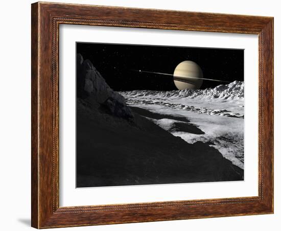 Saturn's Moon, Tethys, Is Split by an Enormous Valley Called Ithaca Chasma-Stocktrek Images-Framed Photographic Print