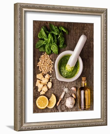 Sauce Pesto and its Ingredients on Rough Wood-Andrii Gorulko-Framed Photographic Print