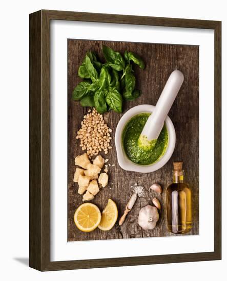 Sauce Pesto and its Ingredients on Rough Wood-Andrii Gorulko-Framed Photographic Print