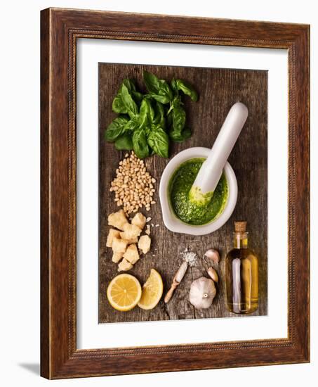 Sauce Pesto and its Ingredients on Rough Wood-Andrii Gorulko-Framed Photographic Print