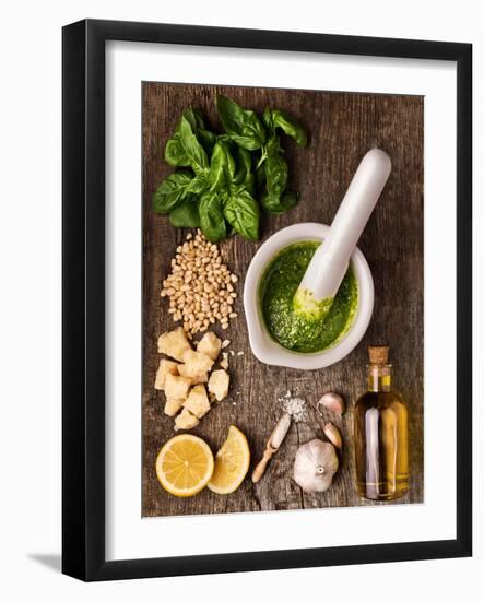 Sauce Pesto and its Ingredients on Rough Wood-Andrii Gorulko-Framed Photographic Print