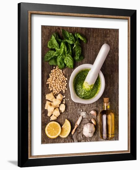 Sauce Pesto and its Ingredients on Rough Wood-Andrii Gorulko-Framed Photographic Print