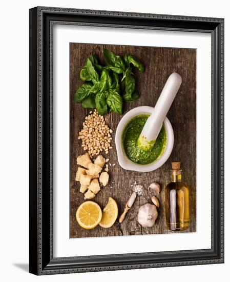 Sauce Pesto and its Ingredients on Rough Wood-Andrii Gorulko-Framed Photographic Print