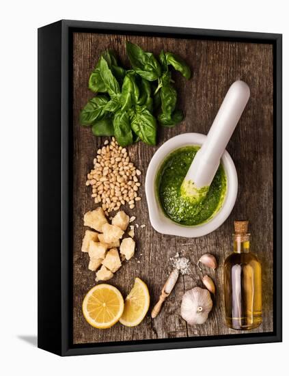 Sauce Pesto and its Ingredients on Rough Wood-Andrii Gorulko-Framed Premier Image Canvas