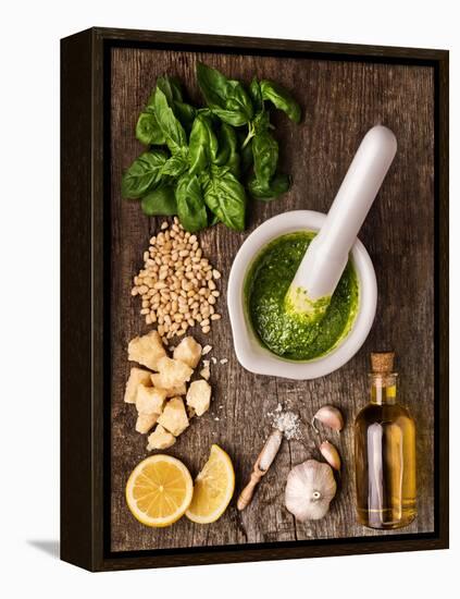 Sauce Pesto and its Ingredients on Rough Wood-Andrii Gorulko-Framed Premier Image Canvas