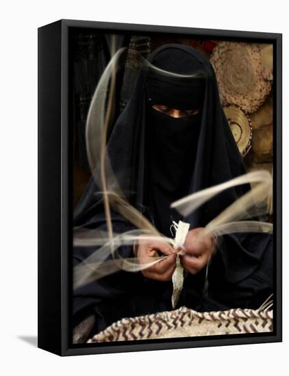 Saudi Woman Works to Demonstrate Her Craft as She Makes a Cane Box at a Fair in Riyadh-null-Framed Premier Image Canvas