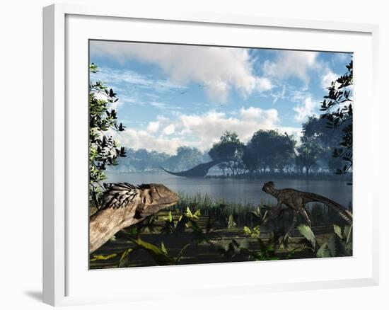 Sauroposeidon Graze While Feathered Deinonychus Look On-Stocktrek Images-Framed Photographic Print