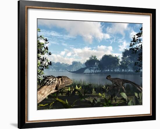 Sauroposeidon Graze While Feathered Deinonychus Look On-Stocktrek Images-Framed Photographic Print