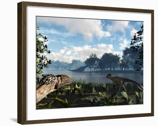 Sauroposeidon Graze While Feathered Deinonychus Look On-Stocktrek Images-Framed Photographic Print