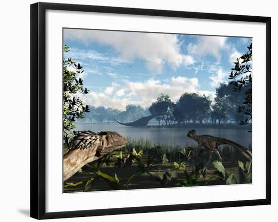 Sauroposeidon Graze While Feathered Deinonychus Look On-Stocktrek Images-Framed Photographic Print