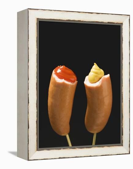 Sausages with Ketchup and Mustard on Wooden Cocktail Sticks-null-Framed Premier Image Canvas