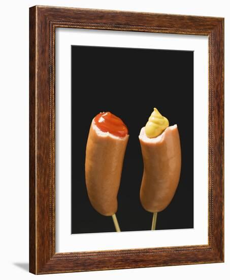 Sausages with Ketchup and Mustard on Wooden Cocktail Sticks-null-Framed Photographic Print