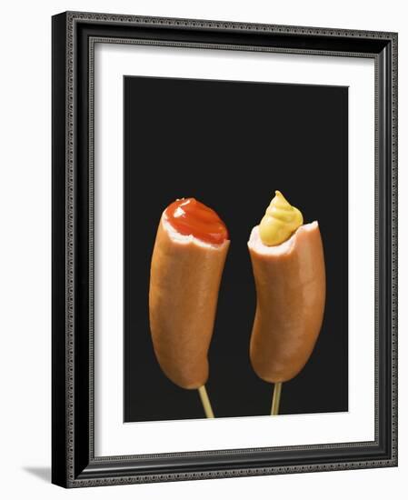 Sausages with Ketchup and Mustard on Wooden Cocktail Sticks-null-Framed Photographic Print