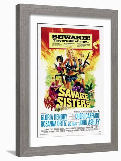 SAVAGE SISTERS, US poster, from left: Gloria Hendry, Cheri Caffaro,  Rosanna Ortiz, 1974.-null-Framed Art Print