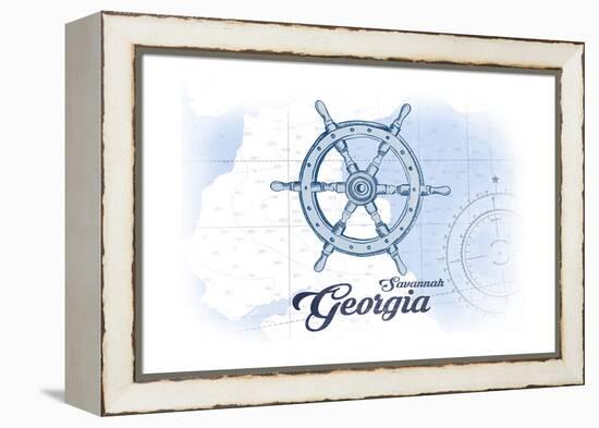 Savannah, Georgia - Ship Wheel - Blue - Coastal Icon-Lantern Press-Framed Stretched Canvas