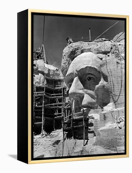 Scaffolding around Head of Abraham Lincoln, Partially Sculptured During Mt. Rushmore Construction-Alfred Eisenstaedt-Framed Premier Image Canvas