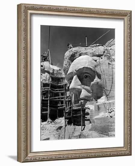 Scaffolding around Head of Abraham Lincoln, Partially Sculptured During Mt. Rushmore Construction-Alfred Eisenstaedt-Framed Photographic Print