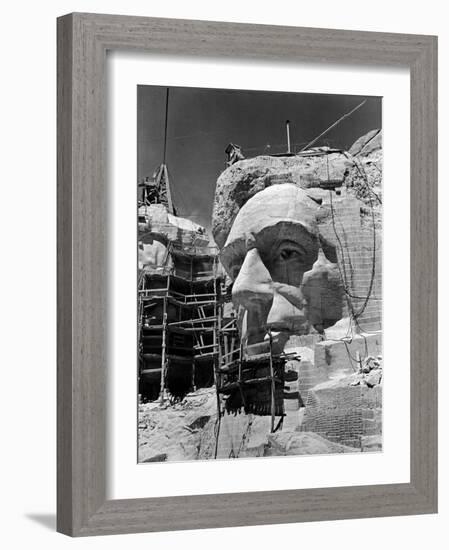 Scaffolding around Head of Abraham Lincoln, Partially Sculptured During Mt. Rushmore Construction-Alfred Eisenstaedt-Framed Photographic Print