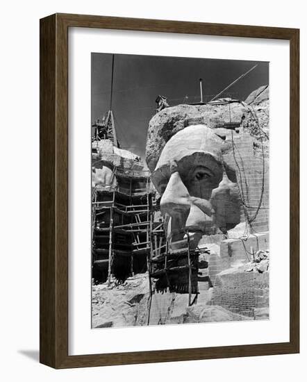 Scaffolding around Head of Abraham Lincoln, Partially Sculptured During Mt. Rushmore Construction-Alfred Eisenstaedt-Framed Photographic Print