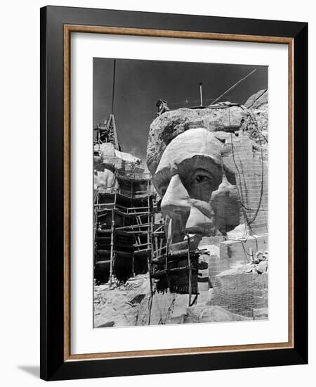 Scaffolding around Head of Abraham Lincoln, Partially Sculptured During Mt. Rushmore Construction-Alfred Eisenstaedt-Framed Photographic Print